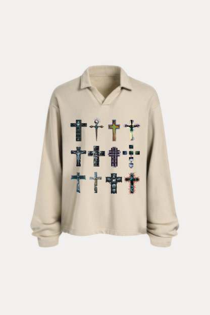 Evilnova Cyber Faith Crosses Distressed Edge Buttonless Long Sleeve Polo Shirt-Evilnova