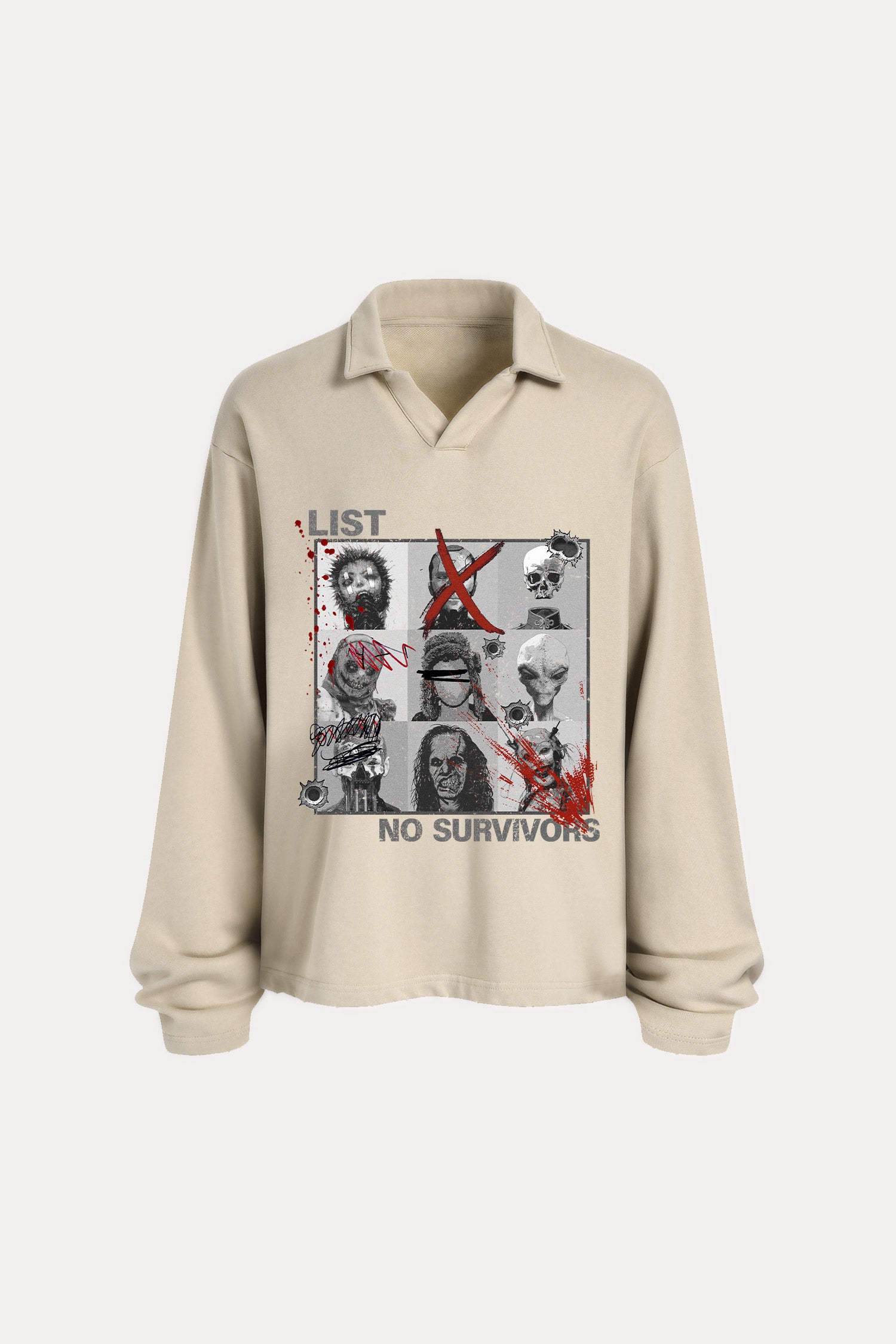 Evilnova Kill List Distressed Edge Buttonless Long Sleeve Polo Shirt-Evilnova