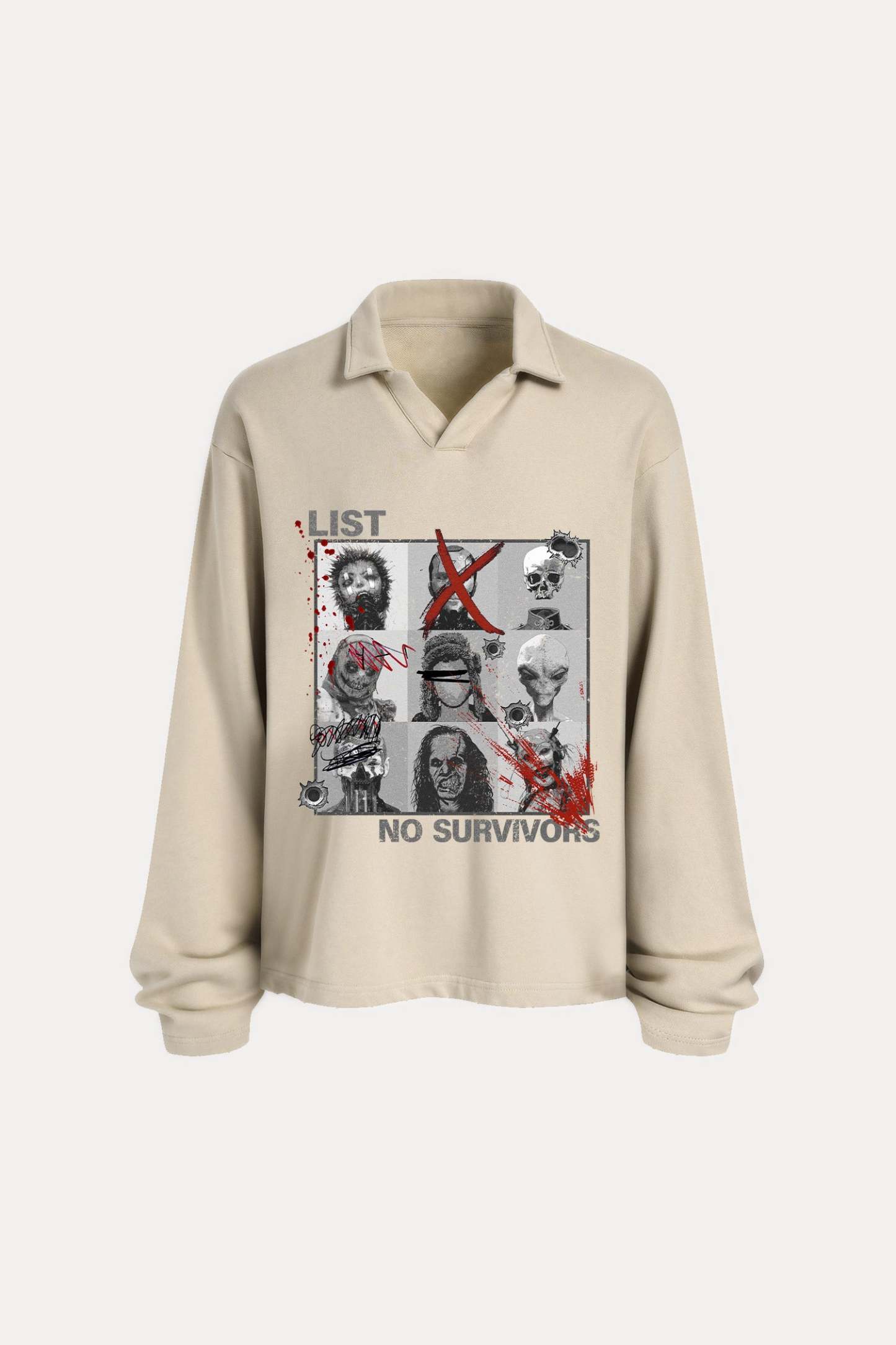 Evilnova Kill List Distressed Edge Buttonless Long Sleeve Polo Shirt-Evilnova