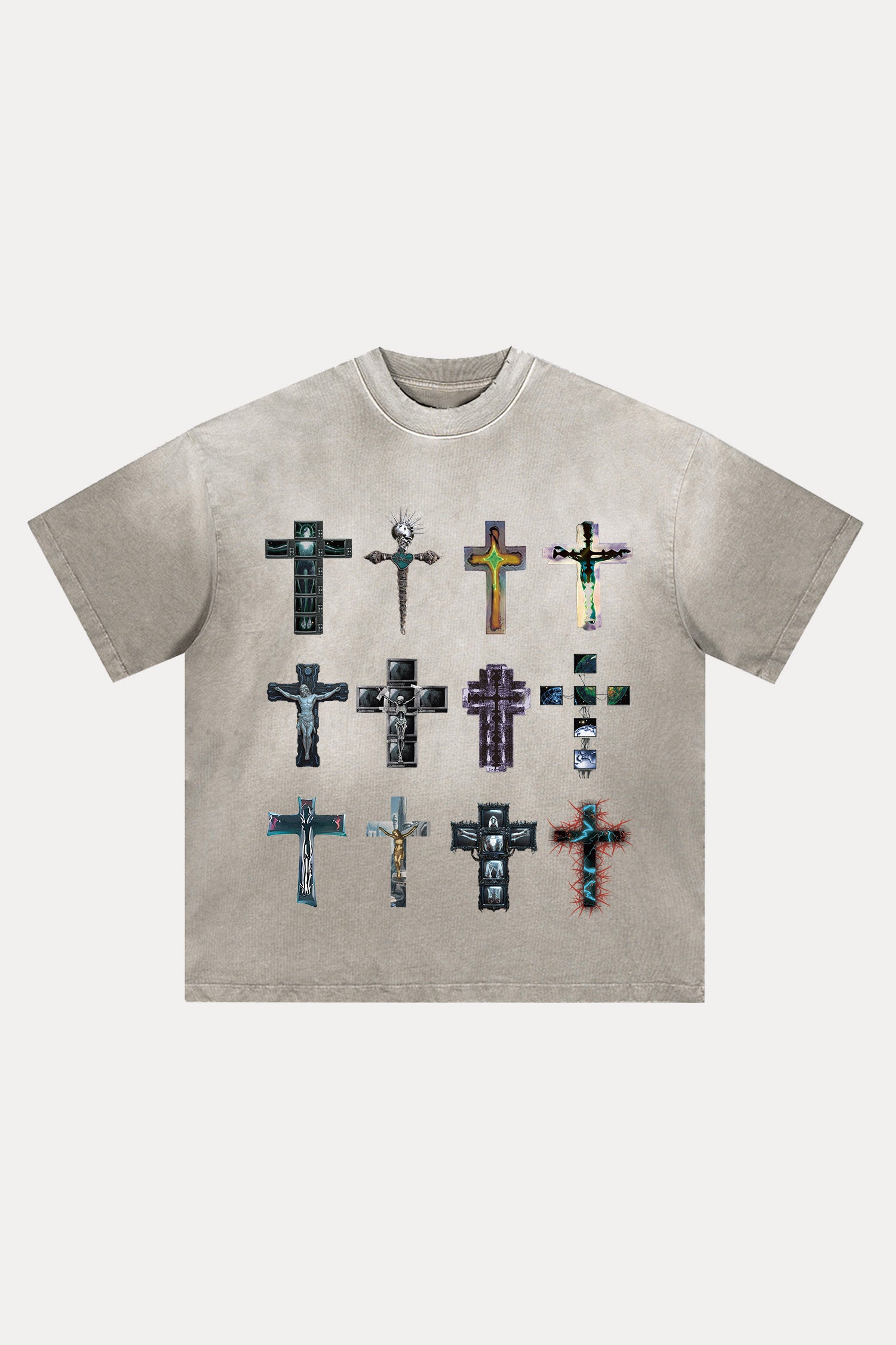 Evilnova Cyber Faith Crosses Distressed Washed T-Shirt-Evilnova
