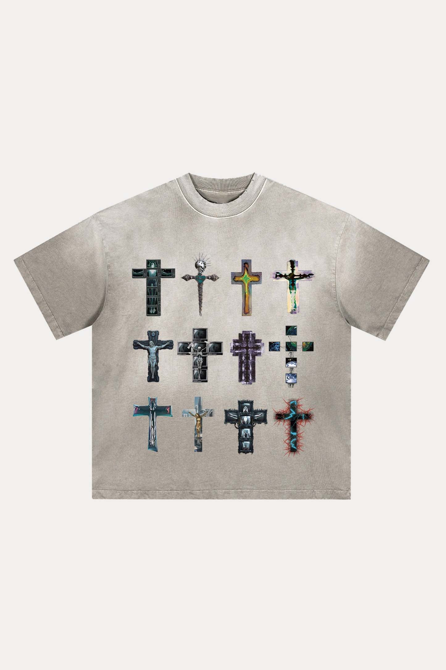Evilnova Cyber Faith Crosses Distressed Washed T-Shirt-Evilnova