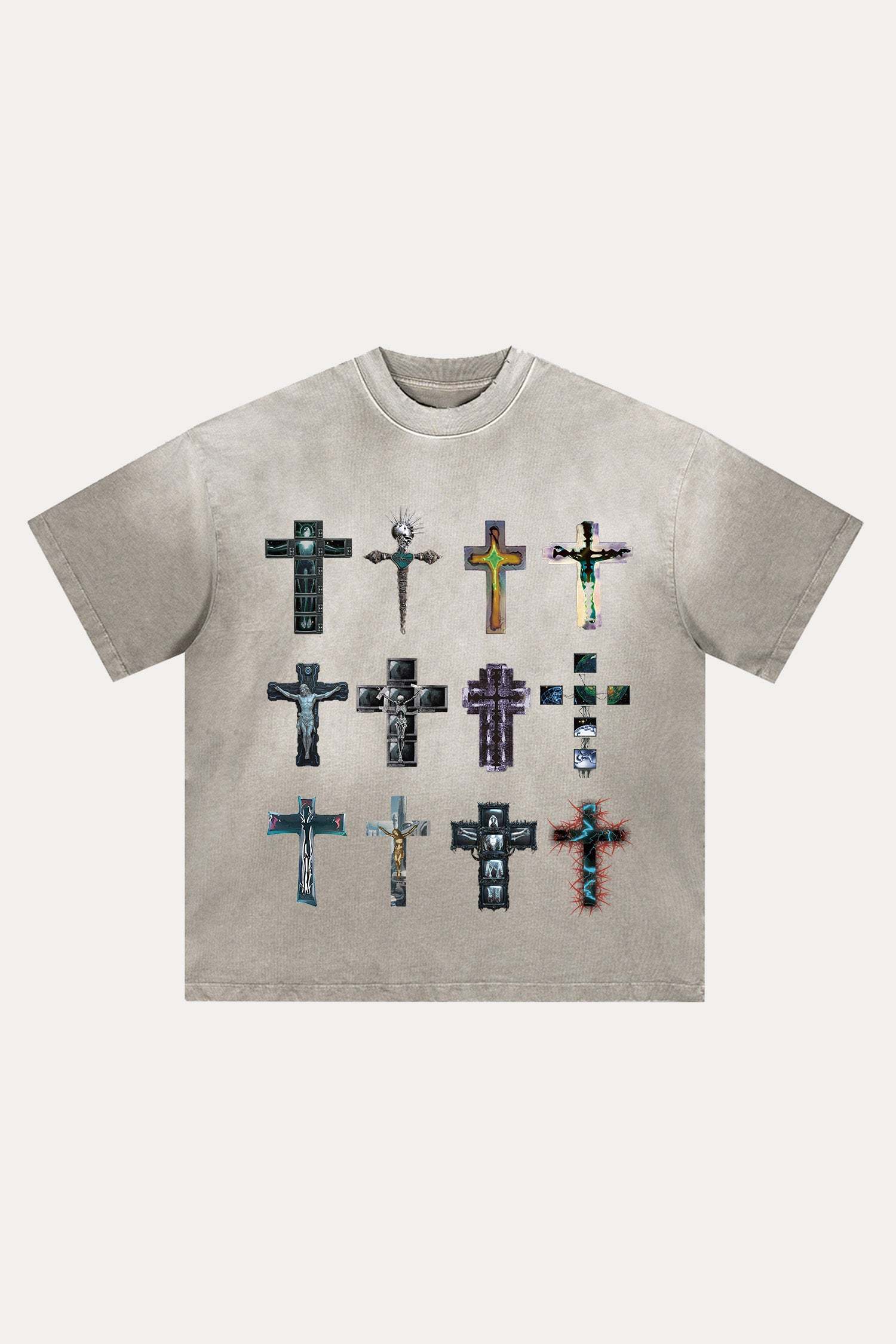 Evilnova Cyber Faith Crosses Distressed Washed T-Shirt-Evilnova
