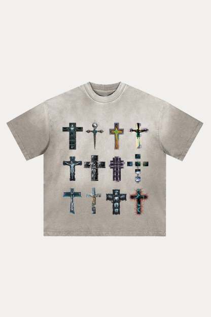 Evilnova Cyber Faith Crosses Distressed Washed T-Shirt-Evilnova