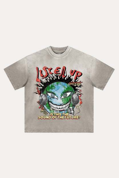 Evilnova Listen Up Distressed Washed T-Shirt-Evilnova