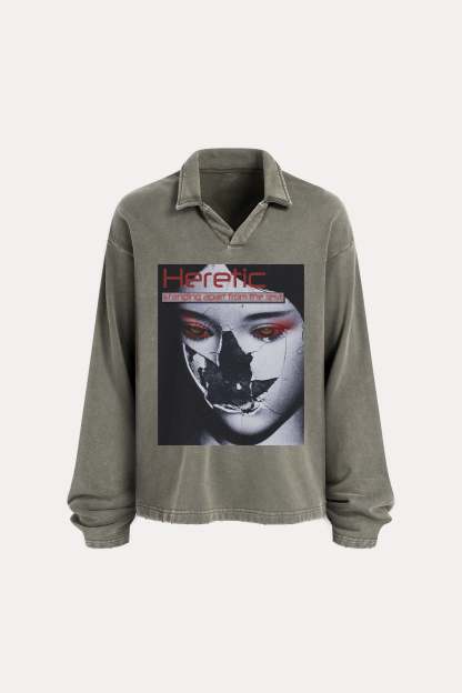 Evilnova Heretic Distressed Edge Buttonless Long Sleeve Polo Shirt-Evilnova