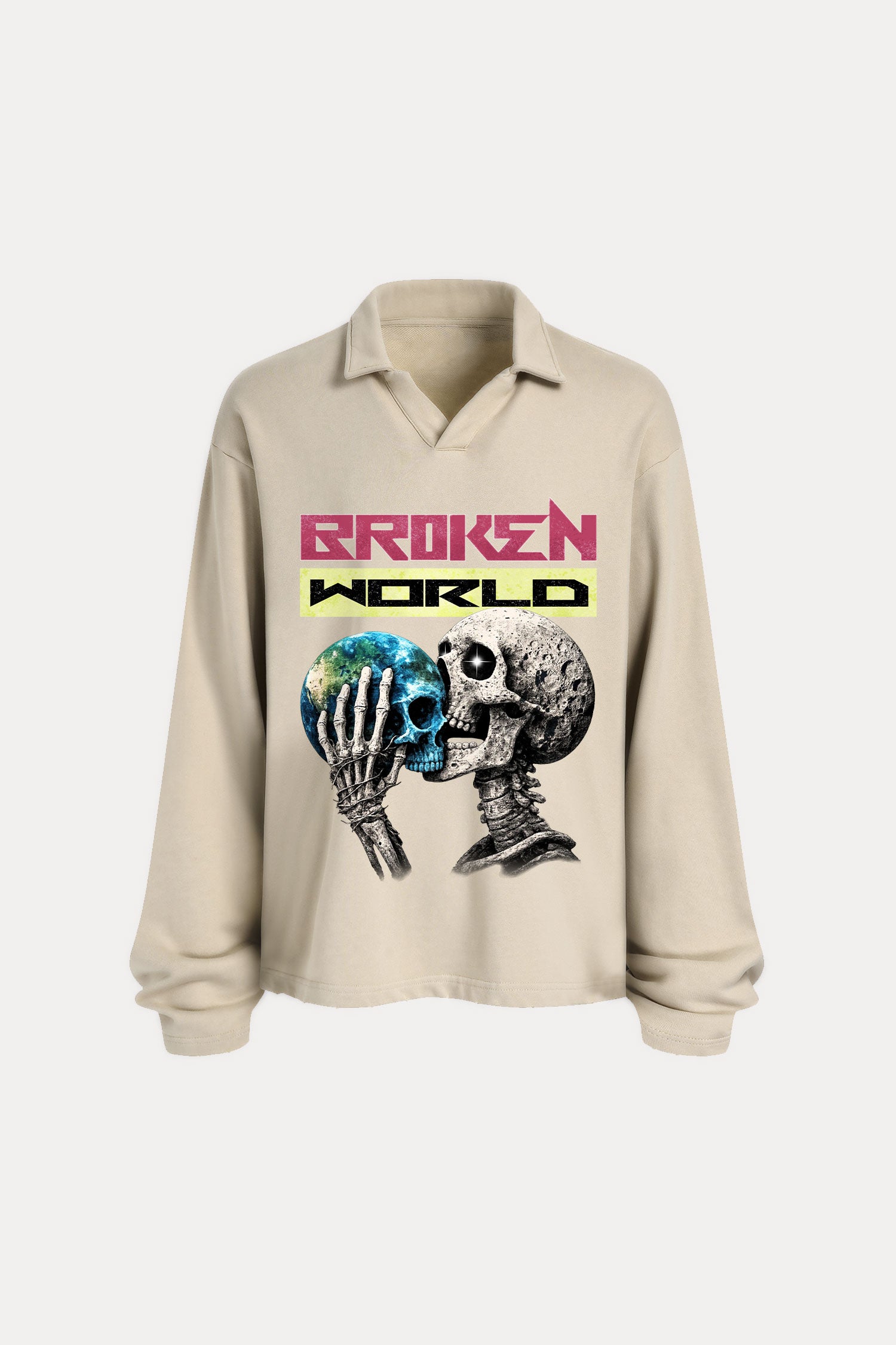 Evilnova Broken World Distressed Edge Buttonless Long Sleeve Polo Shirt-Evilnova