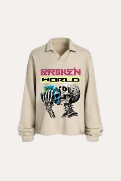 Evilnova Broken World Distressed Edge Buttonless Long Sleeve Polo Shirt-Evilnova