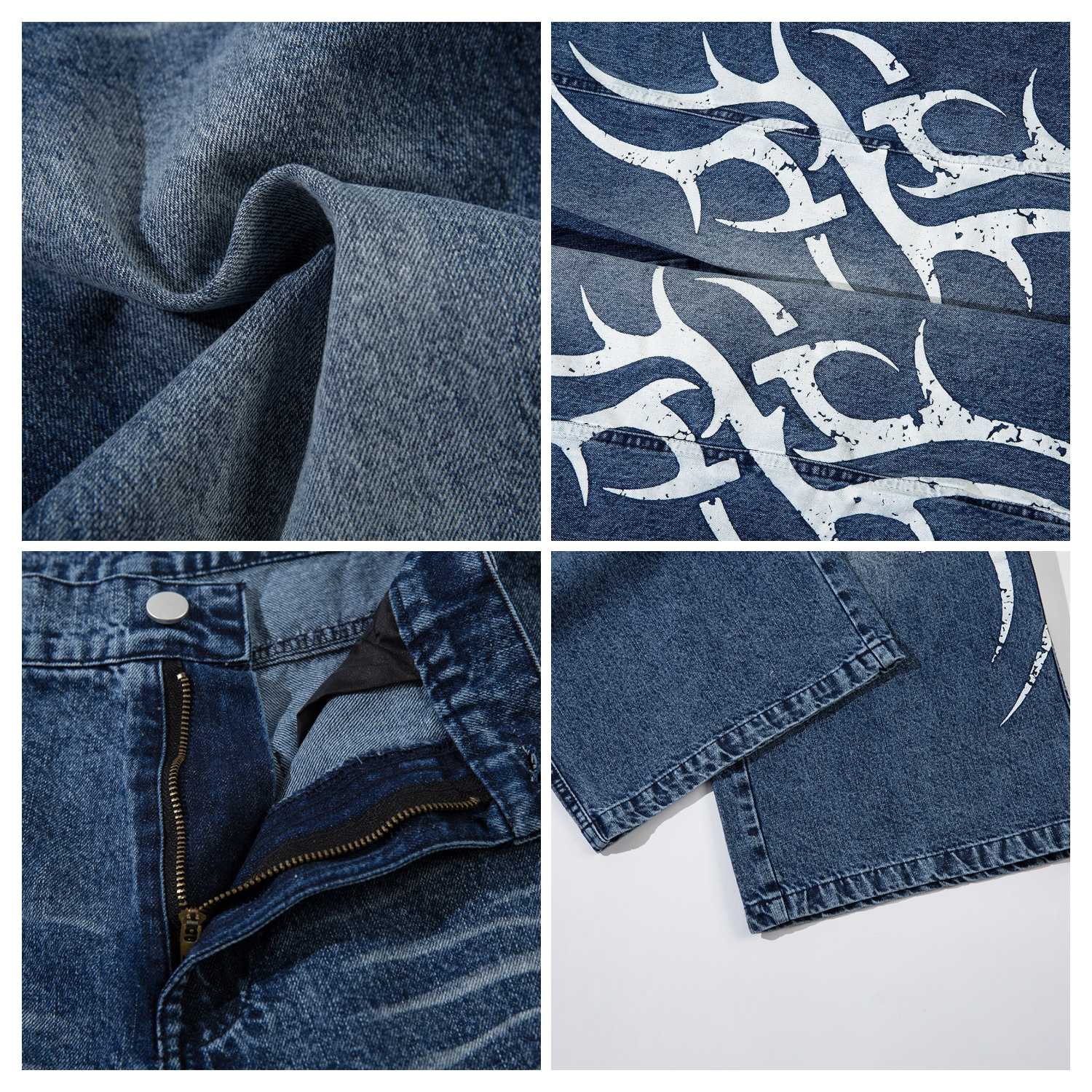 Evilnova Blue Thorn-Printed Baggy Jeans-Evilnova