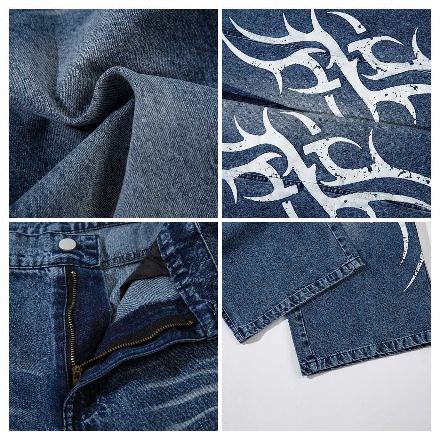 Evilnova Blue Thorn-Printed Baggy Jeans-Evilnova