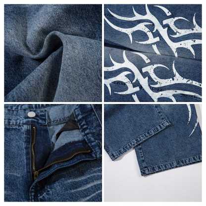 Evilnova Blue Thorn-Printed Baggy Jeans-Evilnova