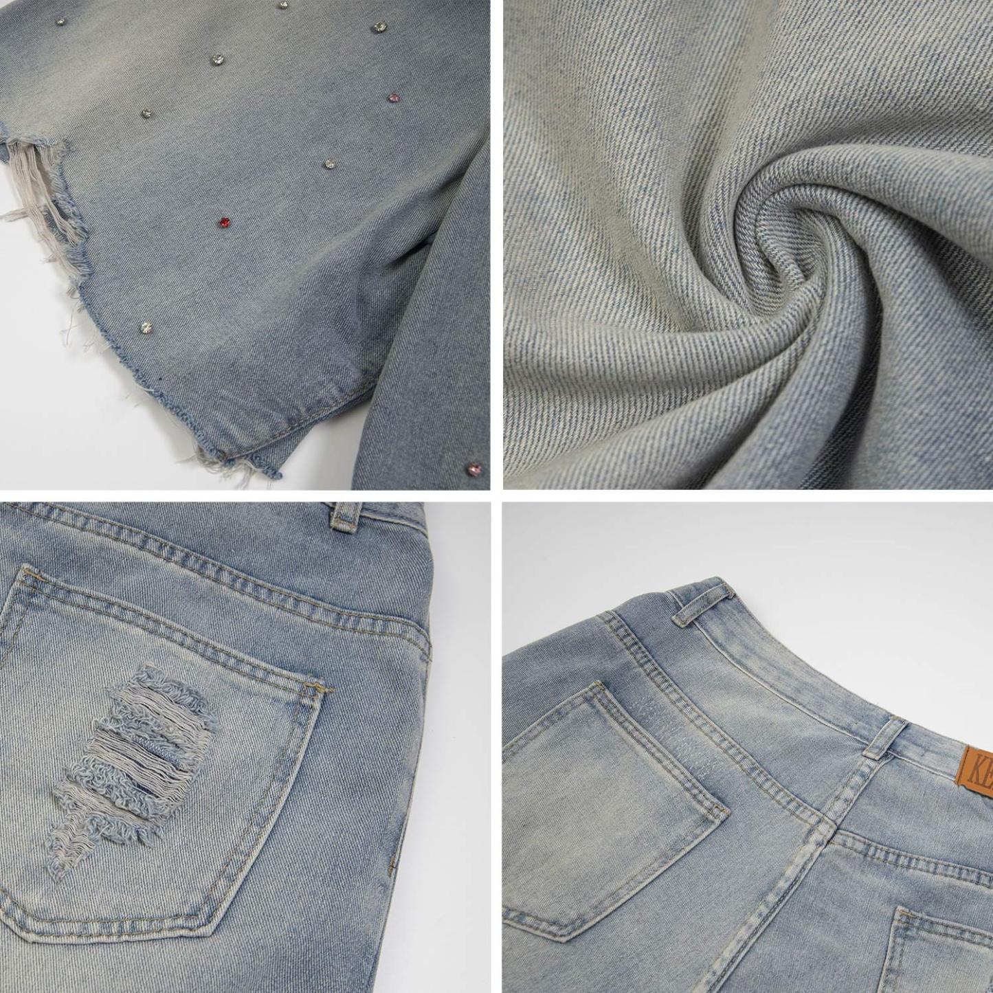 Evilnova Raw Washed Distressed Rhinestone Denim Shorts-Evilnova