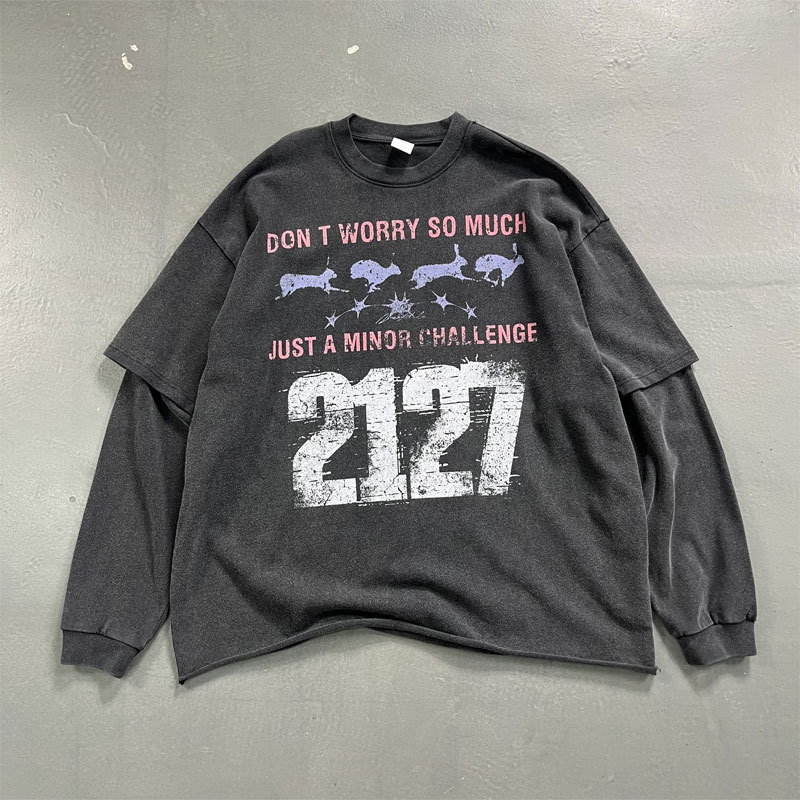 Evilnova Don't Worry So Much Washed Fake Two-Piece Print Long Sleeve Tee