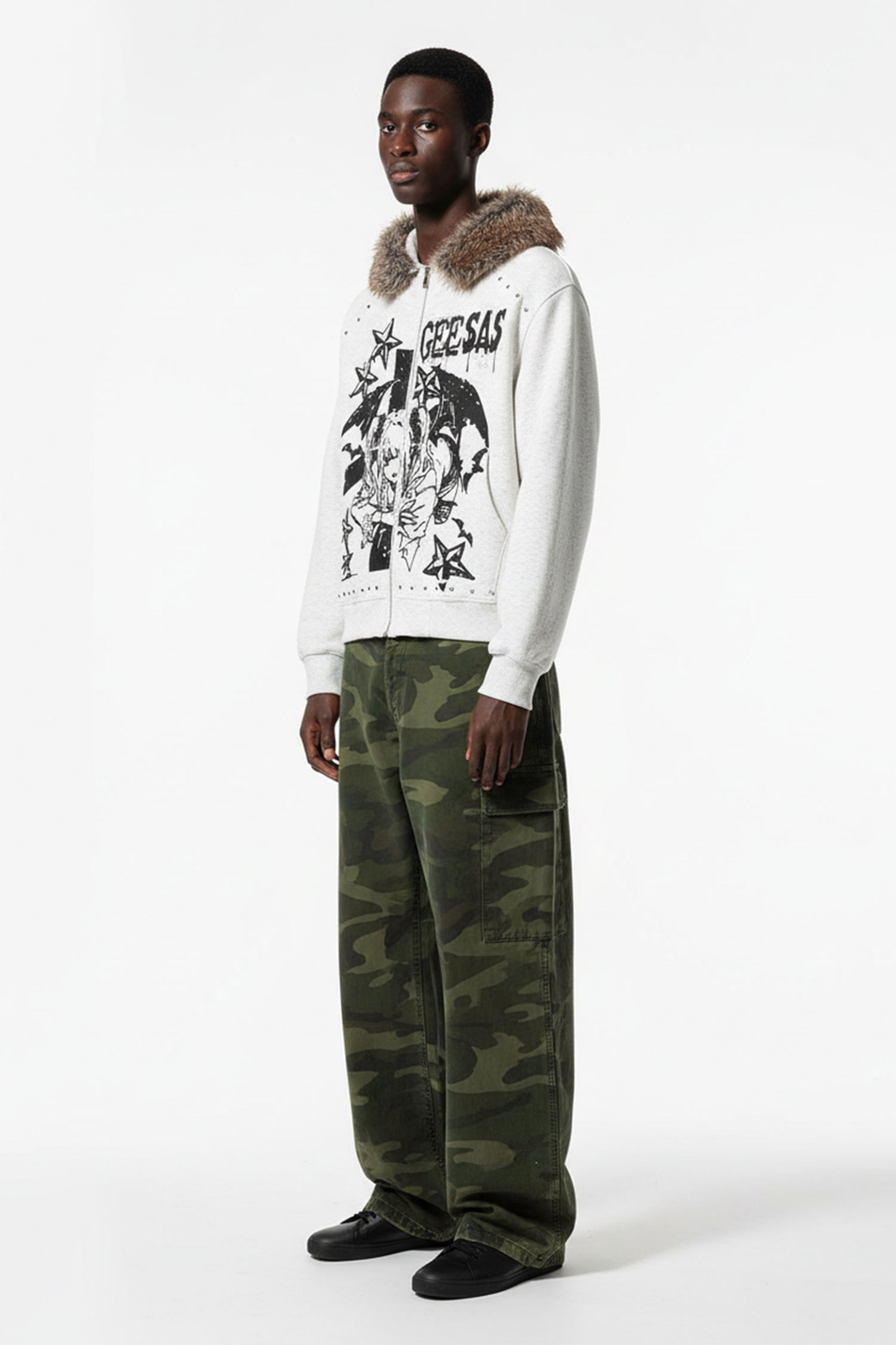 Evilnova Retro Fur Collar Cartoon Pattern Zip Up Hoodie