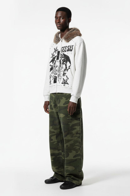 Evilnova Retro Fur Collar Cartoon Pattern Zip Up Hoodie