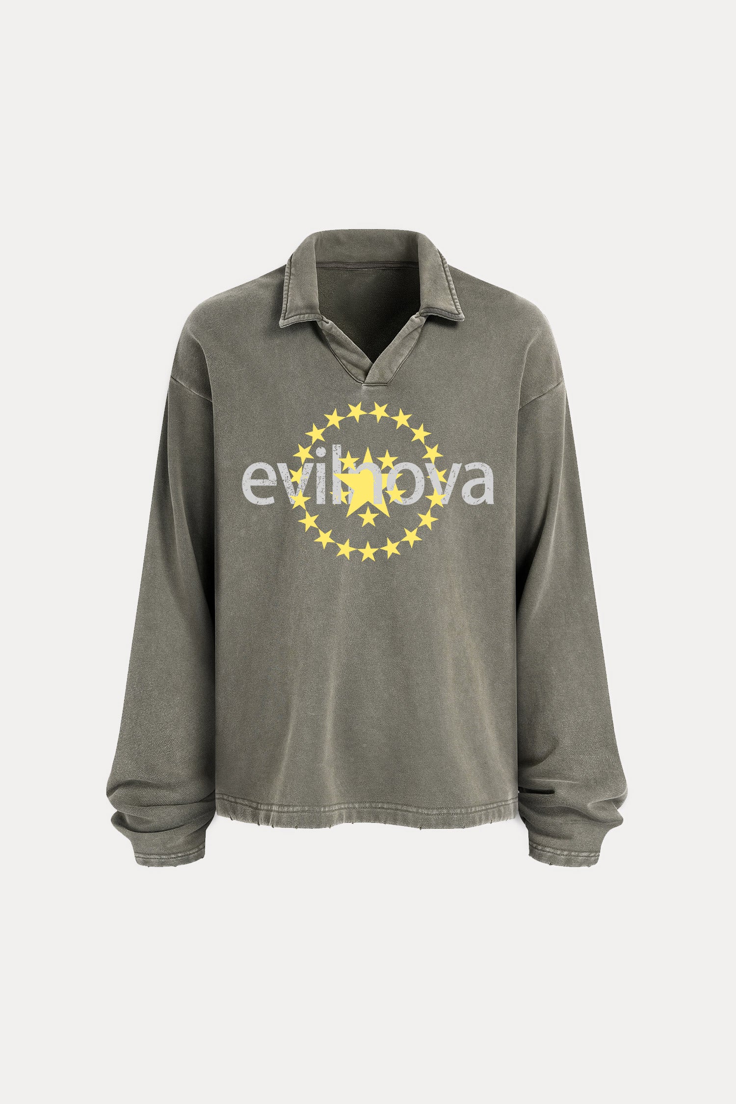 Evilnova Star Distressed Edge Buttonless Long Sleeve Polo Shirt-Evilnova