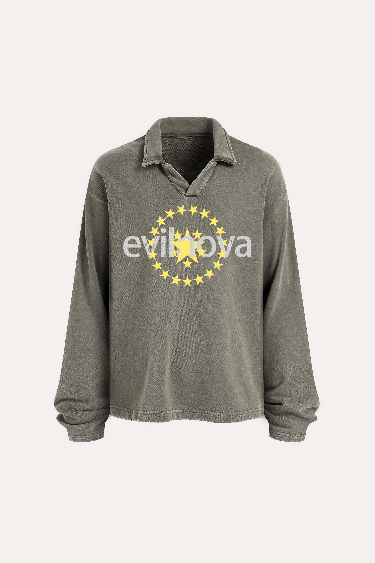 Evilnova Star Distressed Edge Buttonless Long Sleeve Polo Shirt-Evilnova