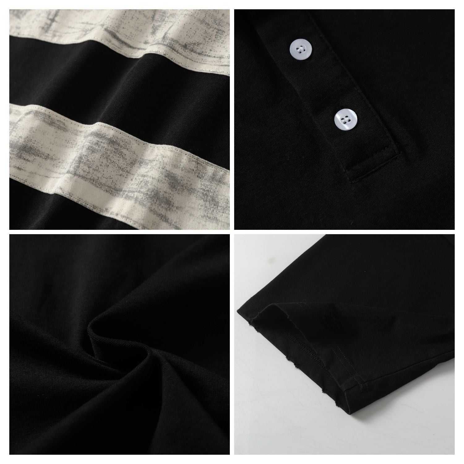 Evilnova Black Vintage Striped Distressed Polo Shirt-Evilnova