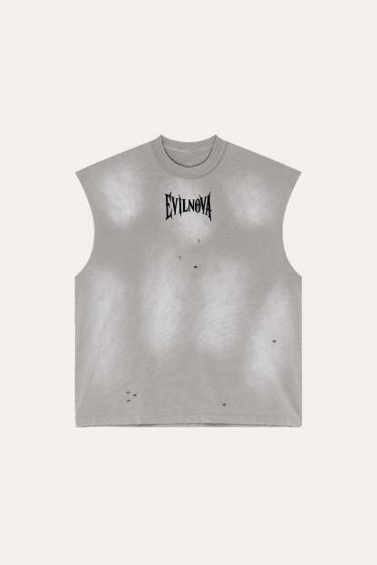 Evilnova Vintage Medium Gray Washed Distressed Tank Top & Sweatshorts Set-Evilnova