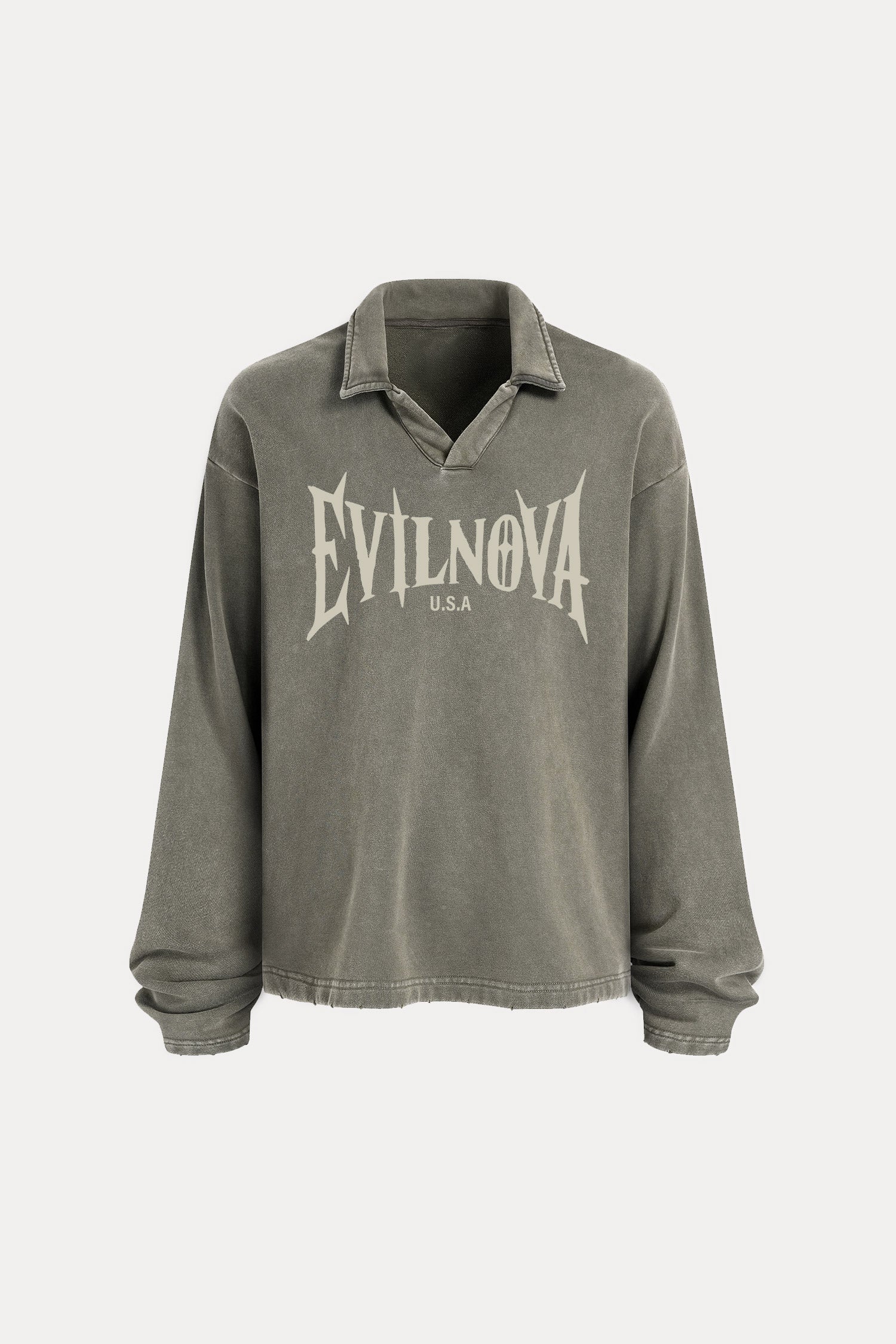 Evilnova U.S.A Distressed Edge Buttonless Long Sleeve Polo Shirt-Evilnova