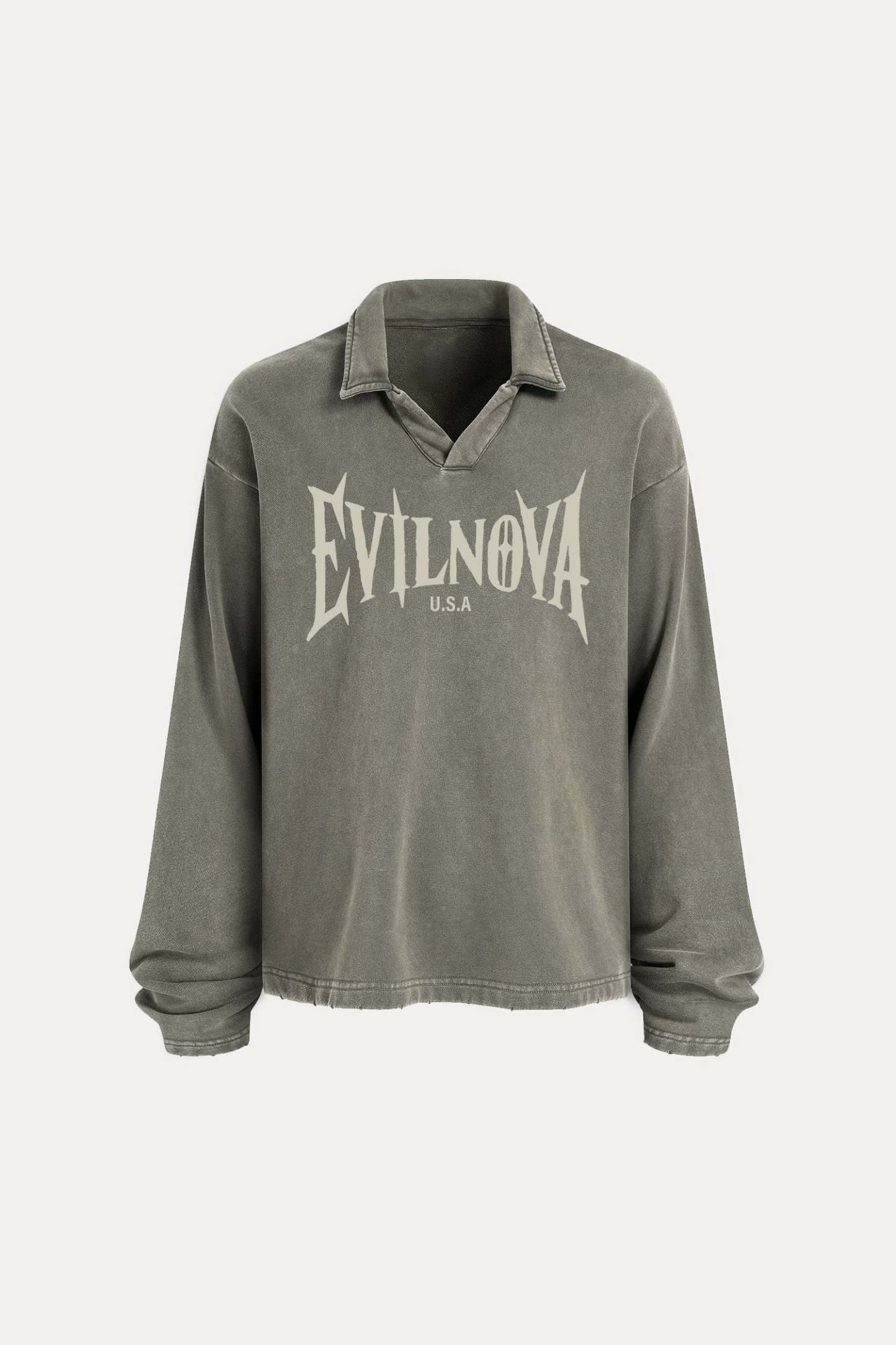 Evilnova U.S.A Distressed Edge Buttonless Long Sleeve Polo Shirt-Evilnova