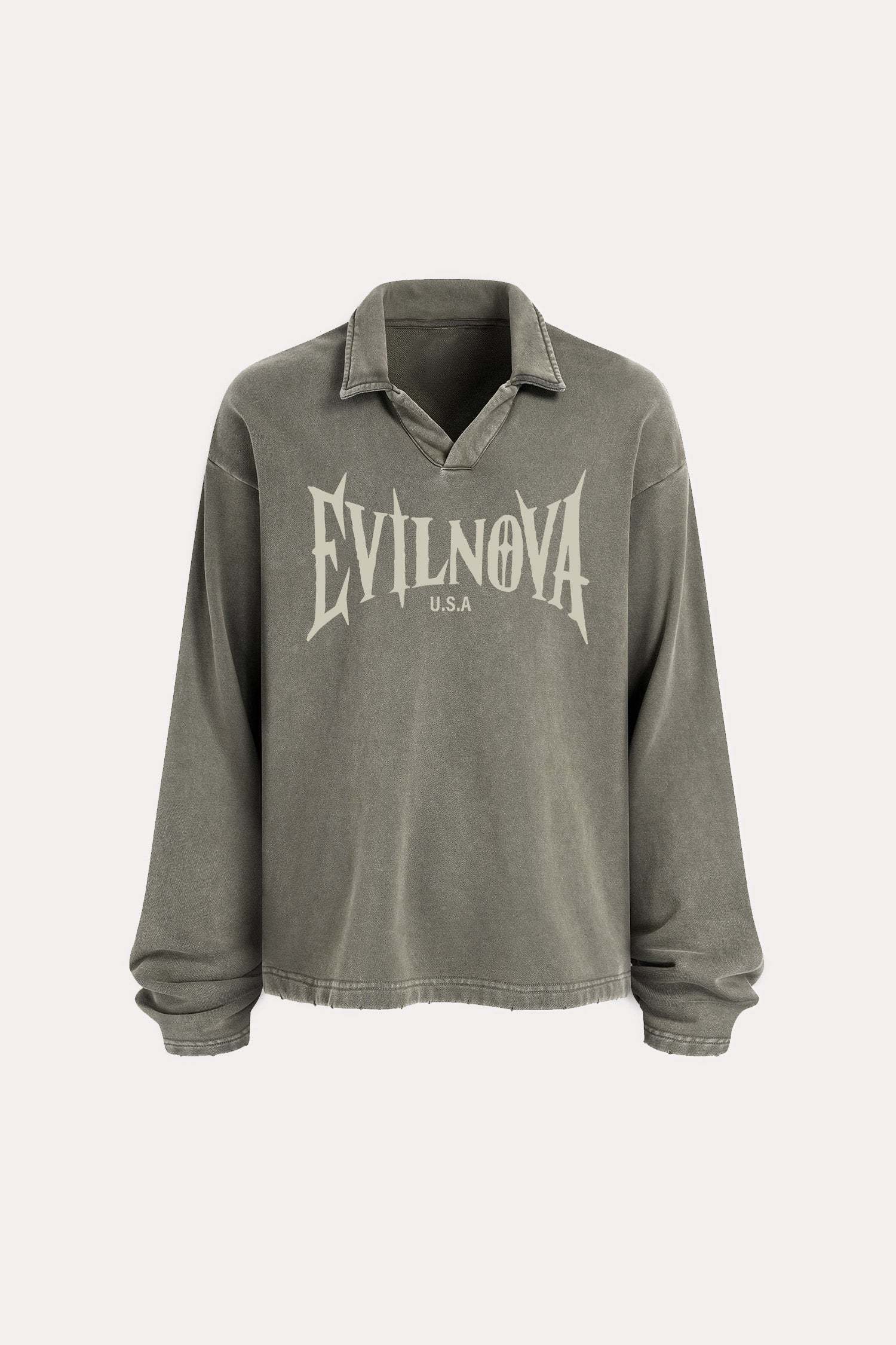 Evilnova U.S.A Distressed Edge Buttonless Long Sleeve Polo Shirt-Evilnova