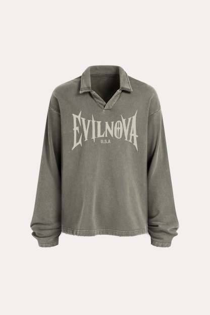 Evilnova U.S.A Distressed Edge Buttonless Long Sleeve Polo Shirt-Evilnova
