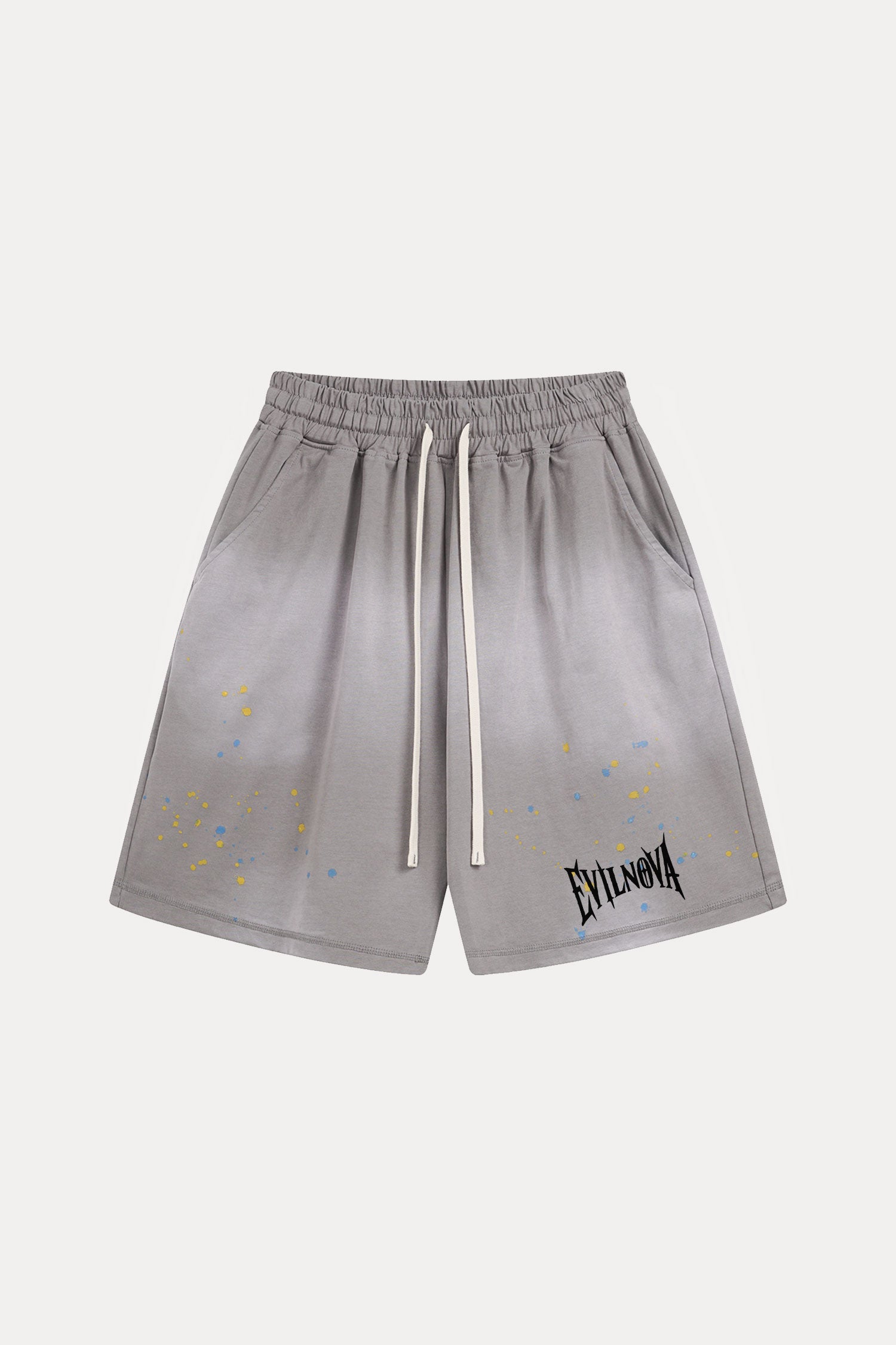 Evilnova Gray Basic Logo Distressed Paint Splatter Sweatshorts-Evilnova