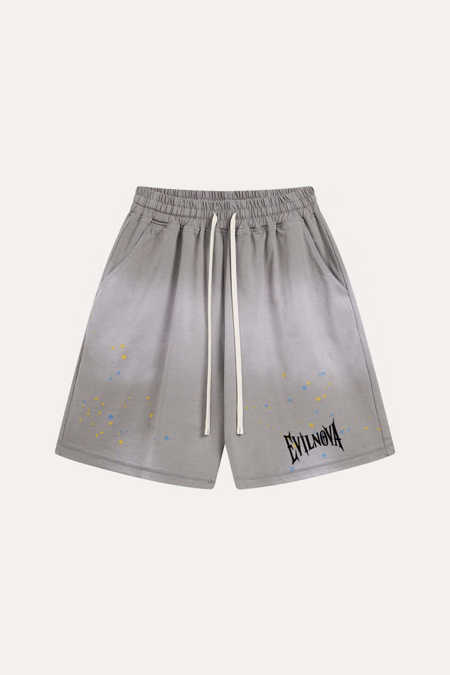 Evilnova Gray Basic Logo Distressed Paint Splatter Sweatshorts-Evilnova