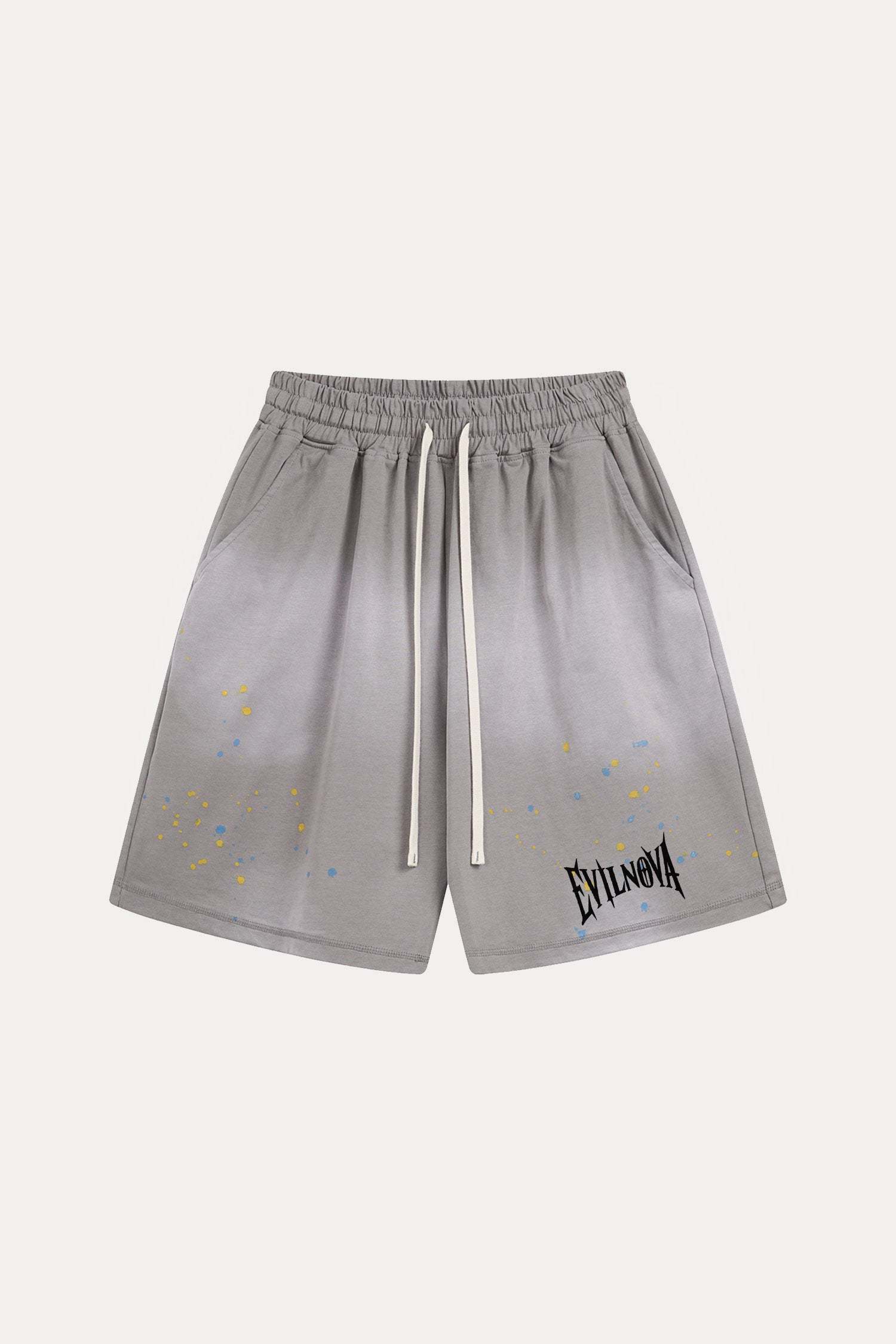 Evilnova Gray Basic Logo Distressed Paint Splatter Sweatshorts-Evilnova