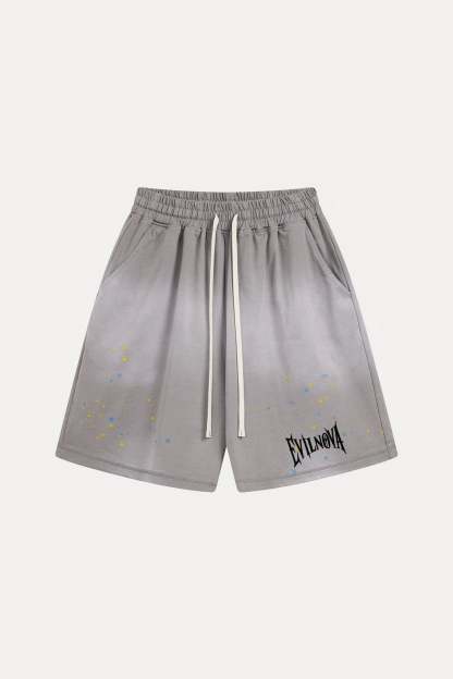 Evilnova Gray Basic Logo Distressed Paint Splatter Sweatshorts-Evilnova