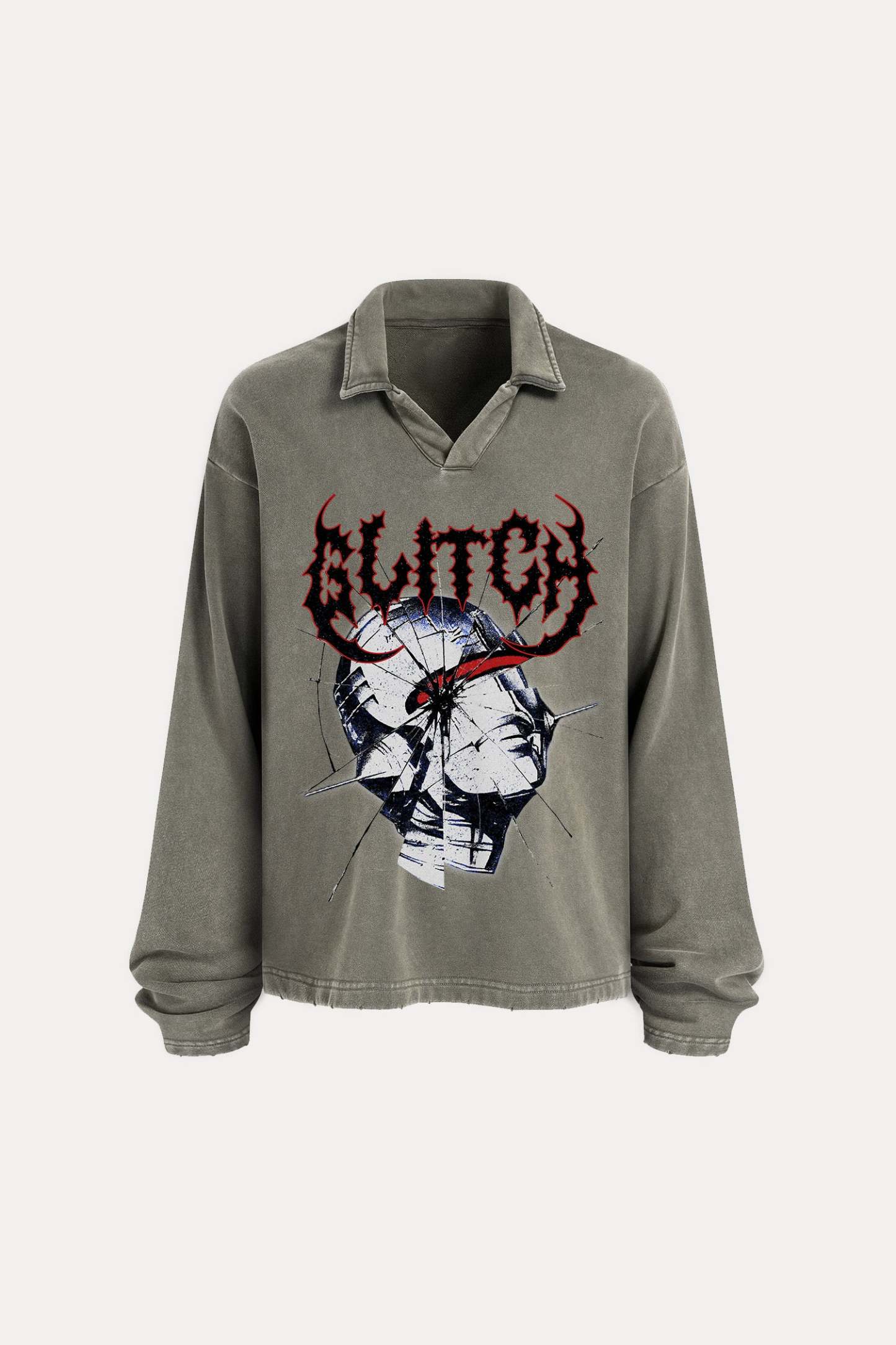 Evilnova Glitch Distressed Edge Buttonless Long Sleeve Polo Shirt-Evilnova