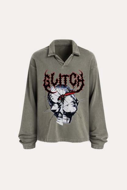 Evilnova Glitch Distressed Edge Buttonless Long Sleeve Polo Shirt-Evilnova