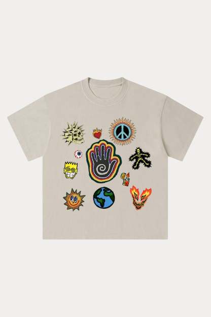 Evilnova Cartoon Elements Washed Streetwear T-Shirt-Evilnova