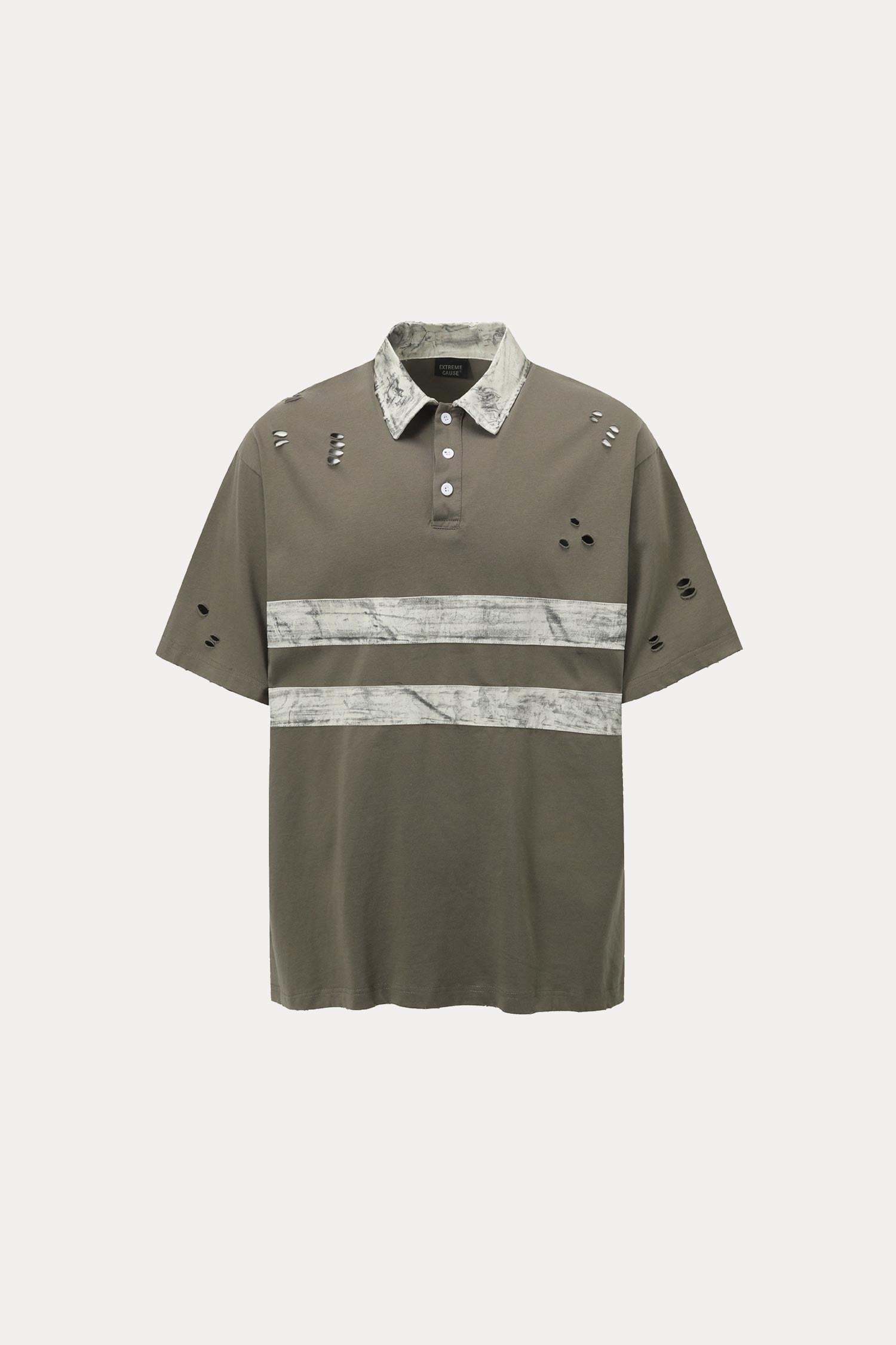 Evilnova Gray Vintage Striped Distressed Polo Shirt-Evilnova