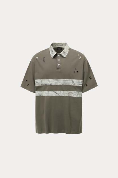 Evilnova Gray Vintage Striped Distressed Polo Shirt-Evilnova