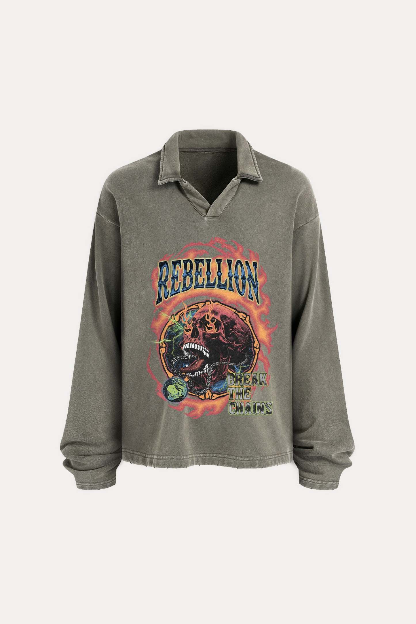 Evilnova Rebellion Distressed Edge Buttonless Long Sleeve Polo Shirt-Evilnova