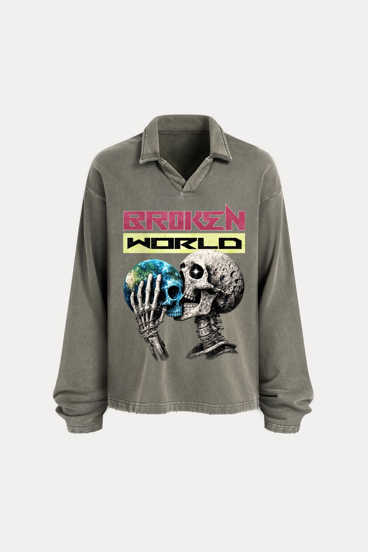 Evilnova Broken World Distressed Edge Buttonless Long Sleeve Polo Shirt-Evilnova