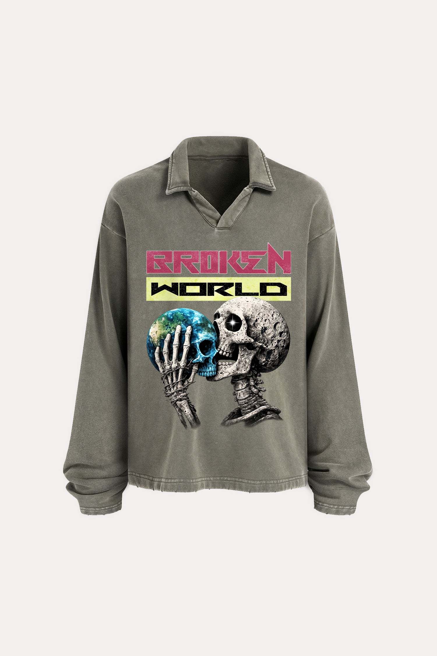 Evilnova Broken World Distressed Edge Buttonless Long Sleeve Polo Shirt-Evilnova