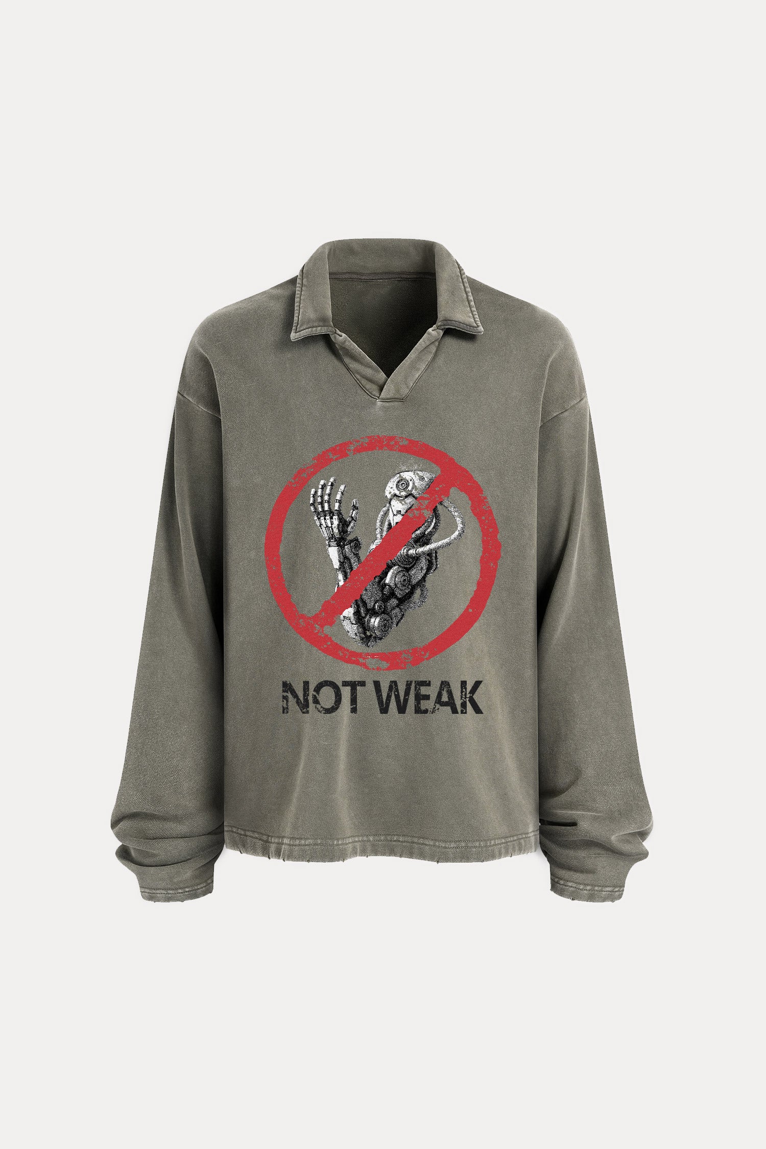 Evilnova Not weak Distressed Edge Buttonless Long Sleeve Polo Shirt-Evilnova