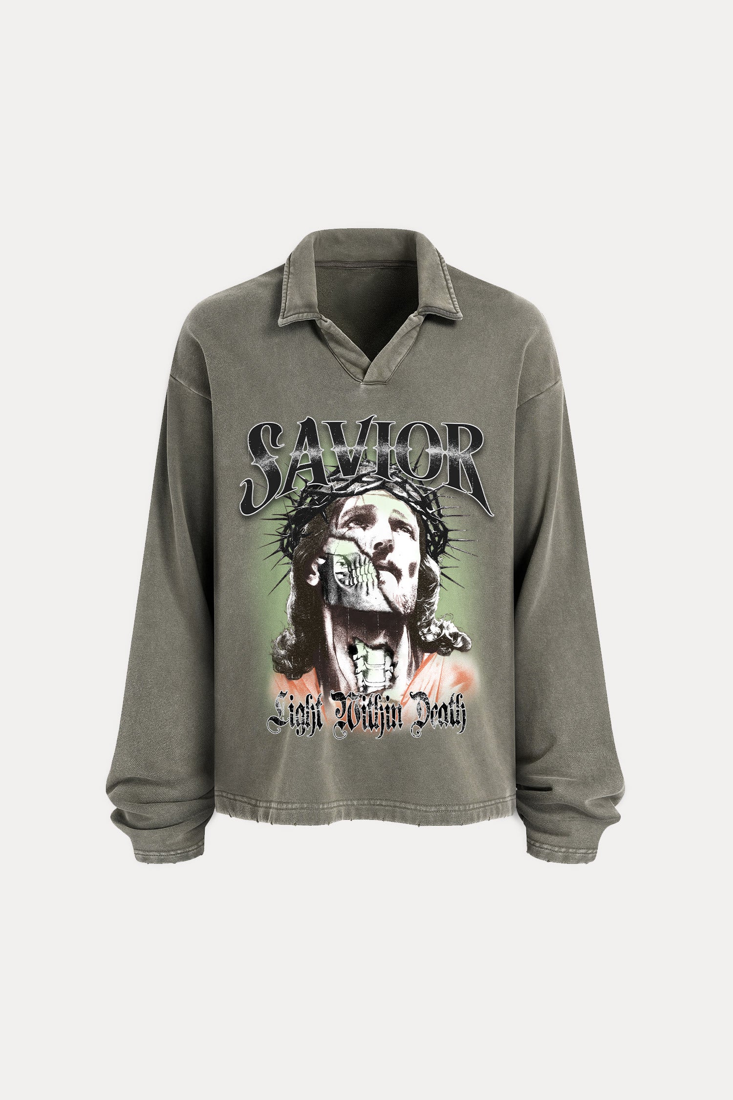 Evilnova Savior Distressed Edge Buttonless Long Sleeve Polo Shirt-Evilnova