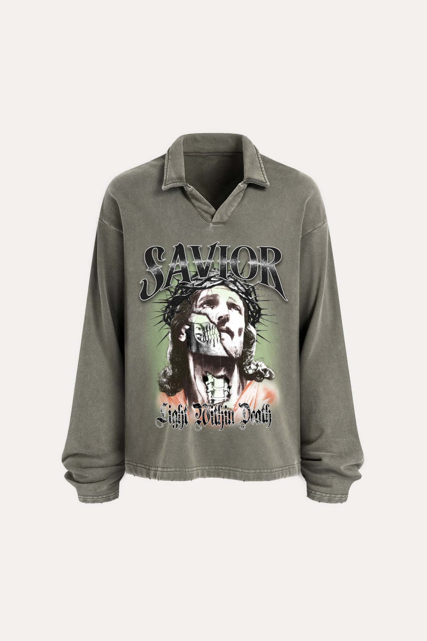 Evilnova Savior Distressed Edge Buttonless Long Sleeve Polo Shirt-Evilnova