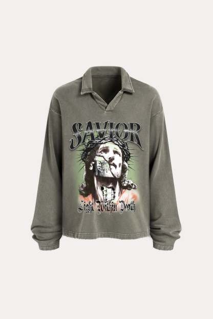 Evilnova Savior Distressed Edge Buttonless Long Sleeve Polo Shirt-Evilnova