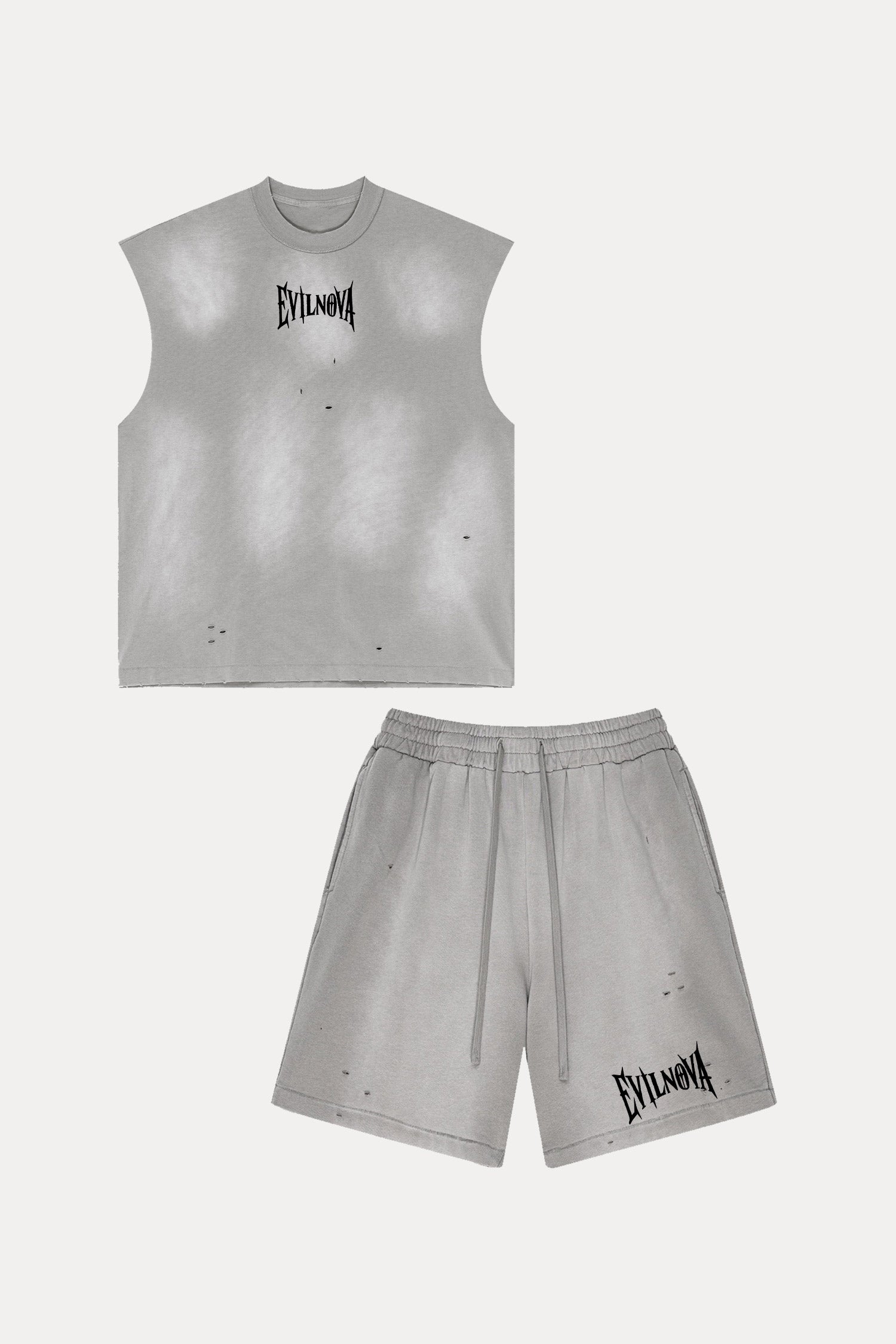 Evilnova Vintage Medium Gray Washed Distressed Tank Top & Sweatshorts Set-Evilnova