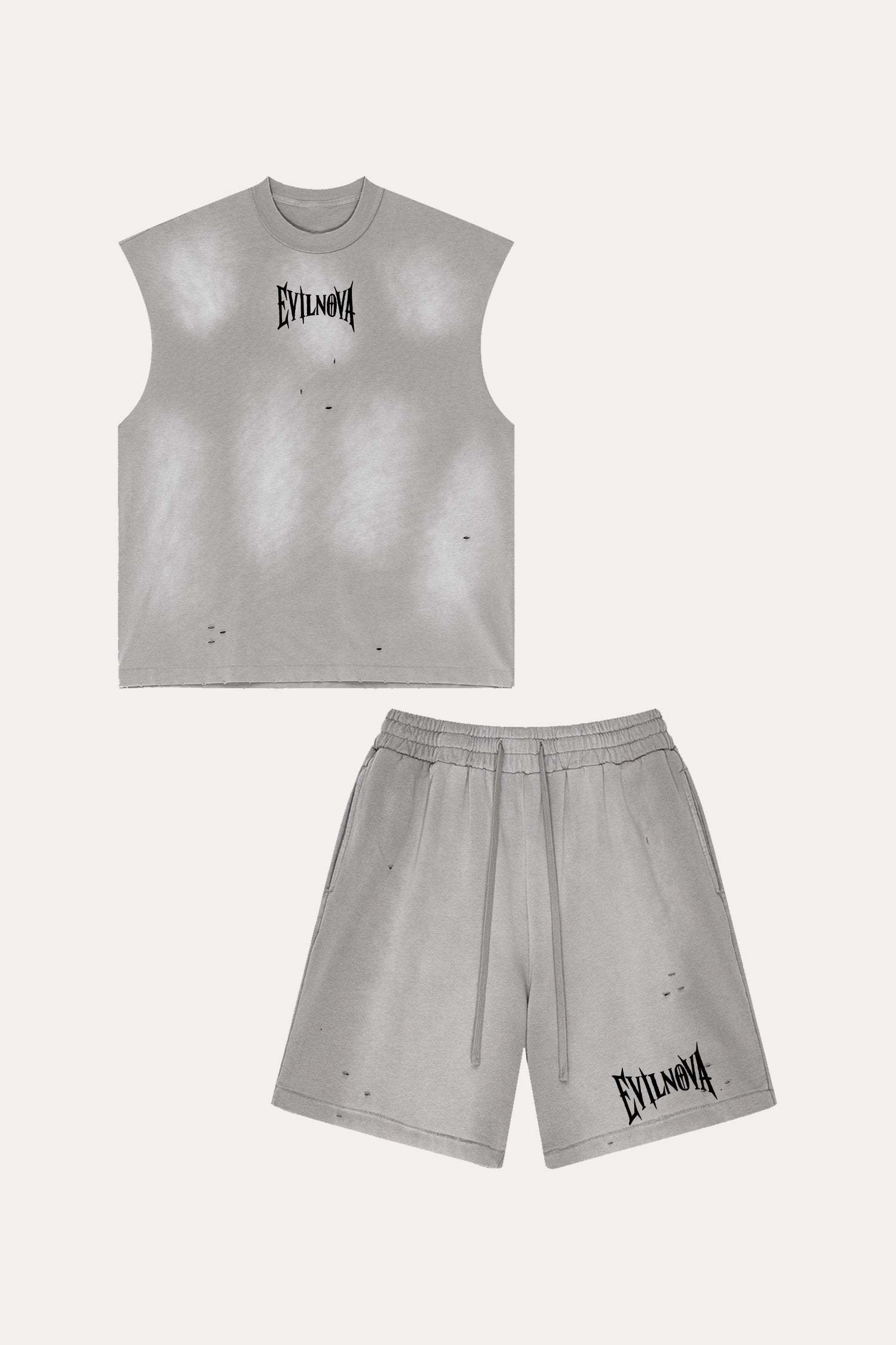 Evilnova Vintage Medium Gray Washed Distressed Tank Top & Sweatshorts Set-Evilnova
