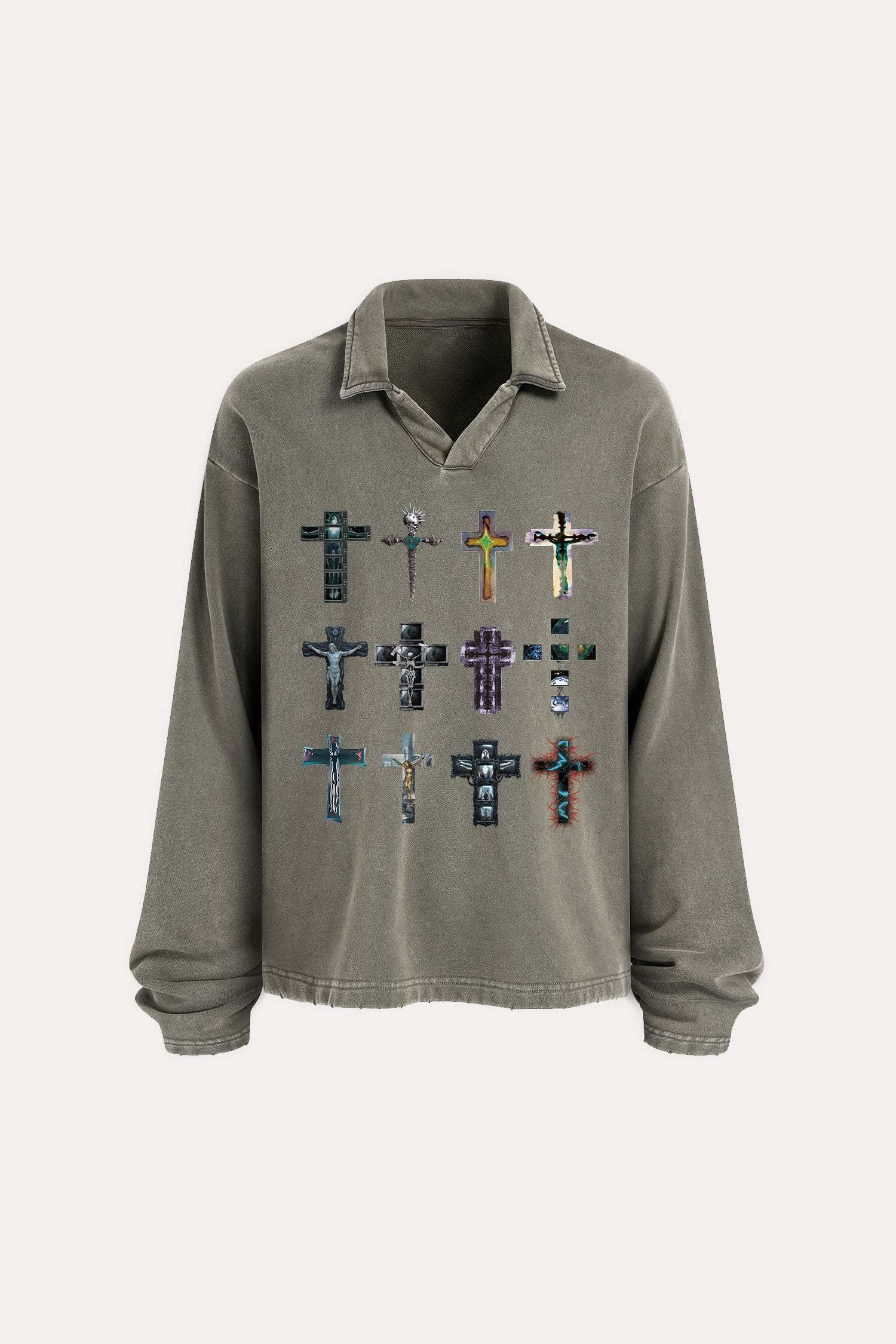 Evilnova Cyber Faith Crosses Distressed Edge Buttonless Long Sleeve Polo Shirt-Evilnova