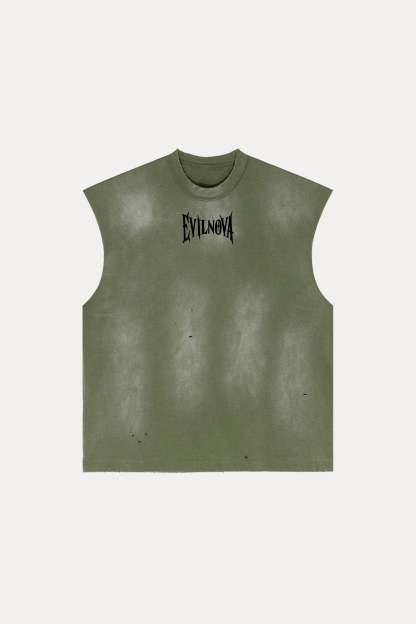 Evilnova Vintage Army Green Washed Distressed Tank Top & Sweatshorts Set-Evilnova