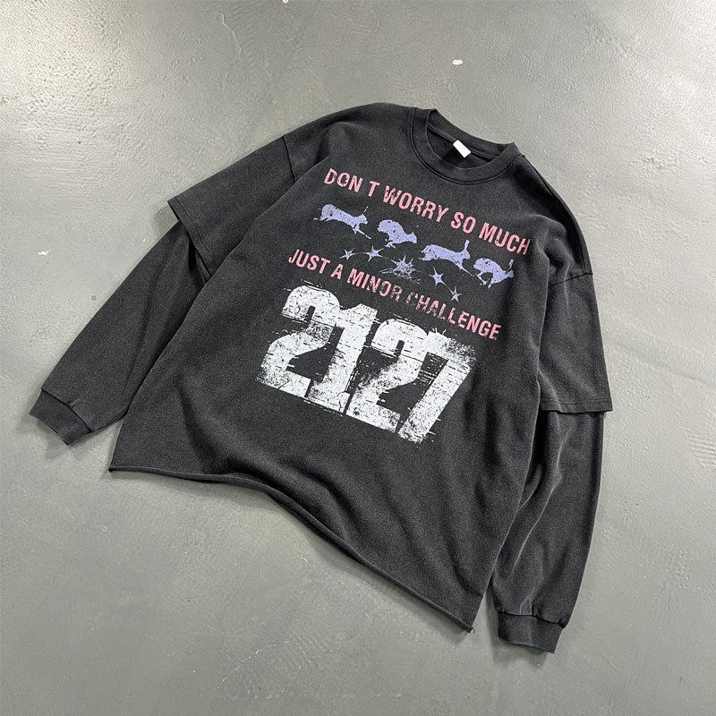 Evilnova Don't Worry So Much Washed Fake Two-Piece Print Long Sleeve Tee