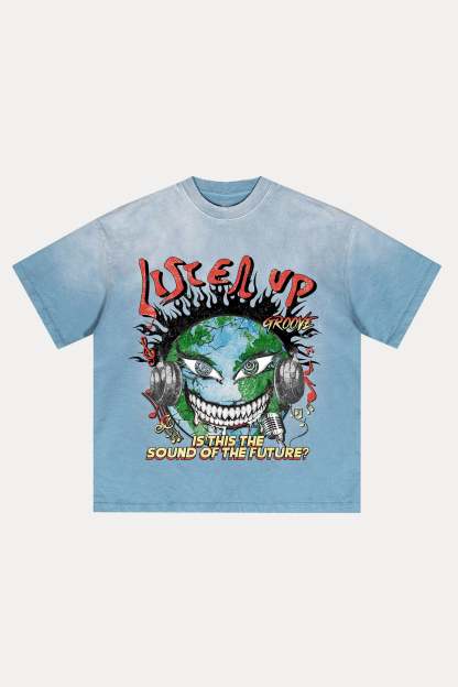 Evilnova Listen Up Distressed Washed T-Shirt-Evilnova