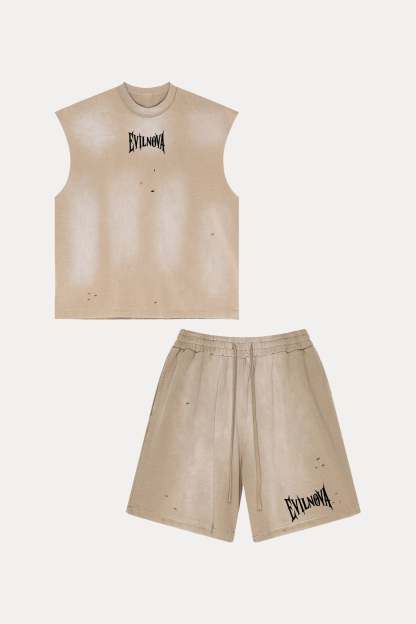 Evilnova Vintage Khaki Washed Distressed Tank Top & Sweatshorts Set-Evilnova