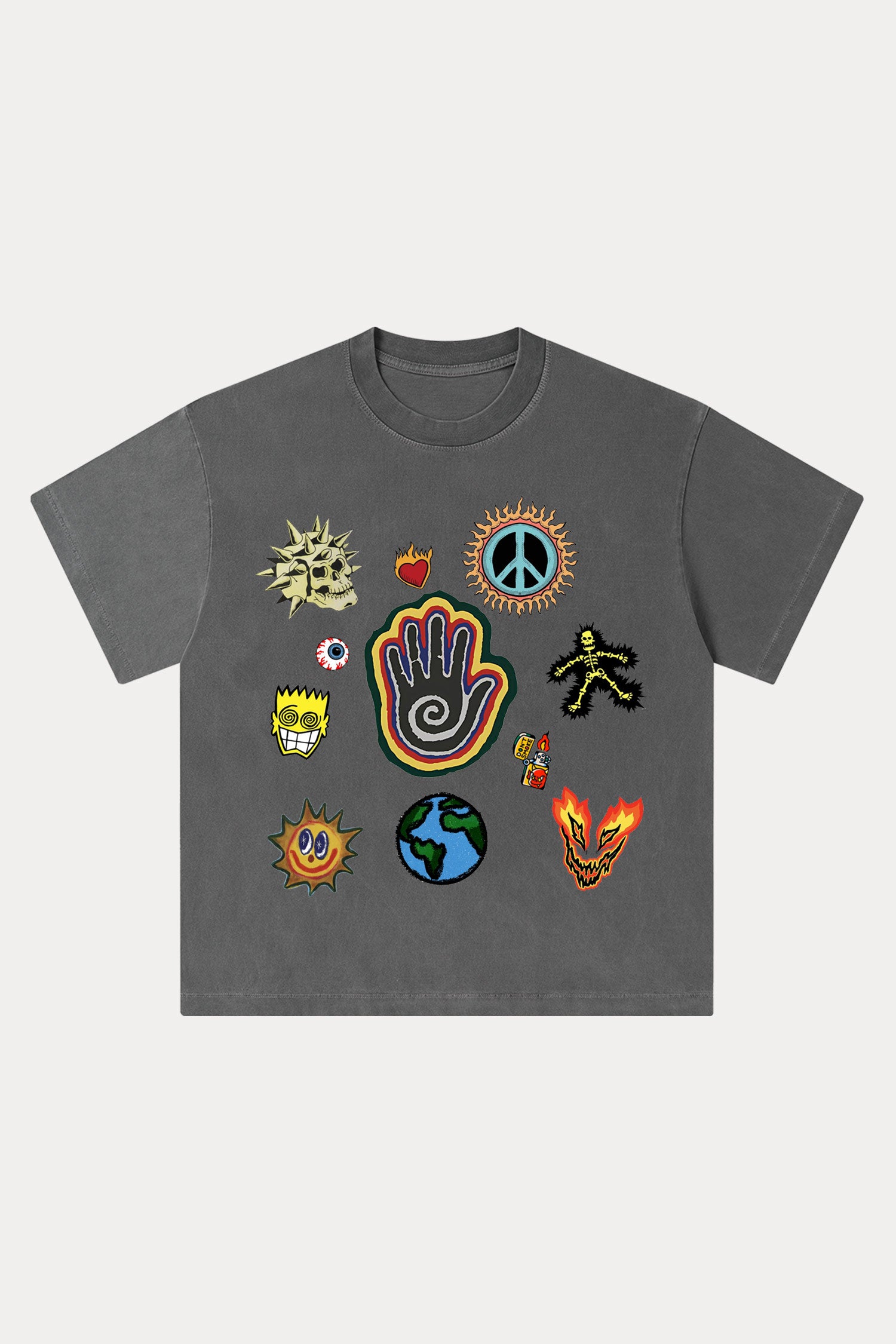 Evilnova Cartoon Elements Washed Streetwear T-Shirt-Evilnova